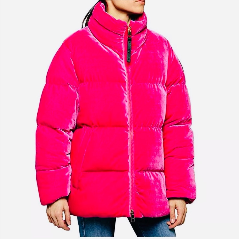 One-of-a-kind Rare British Barbiecore hot pink velvet puffer coat
